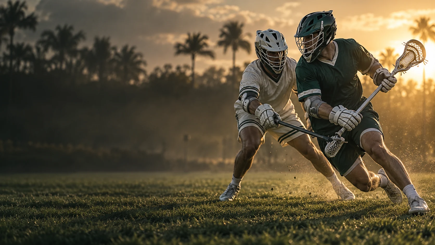 Men's lacrosse athletes competing at golden hour