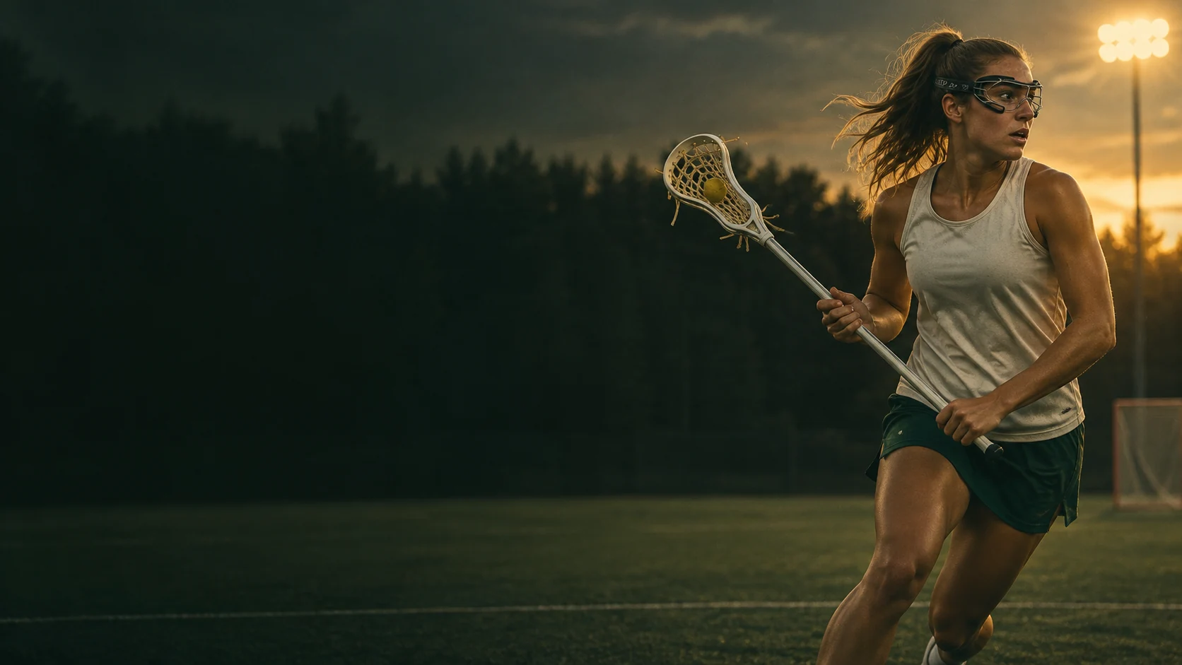 Women's lacrosse athlete carrying a stick under stadium lights