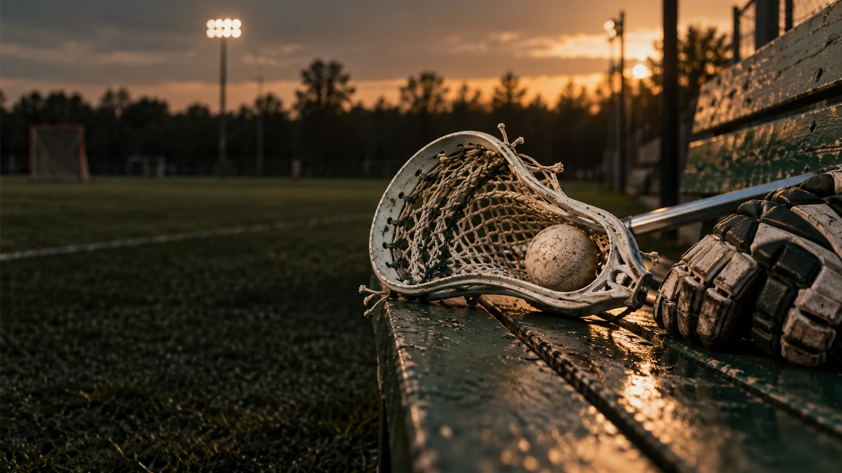Lacrosse stick, ball and gloves on a sideline bench at dusk
